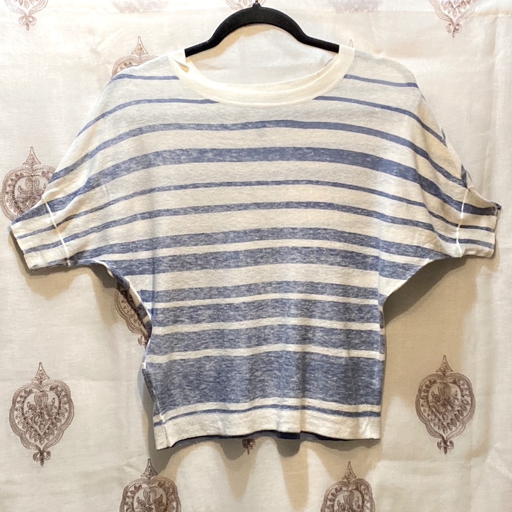 BCBGMAXAZRIA BLUE/CREAM STRIPED SHORT-DOLMAN SLV SCOOP NK SWEATER SZ XXS
